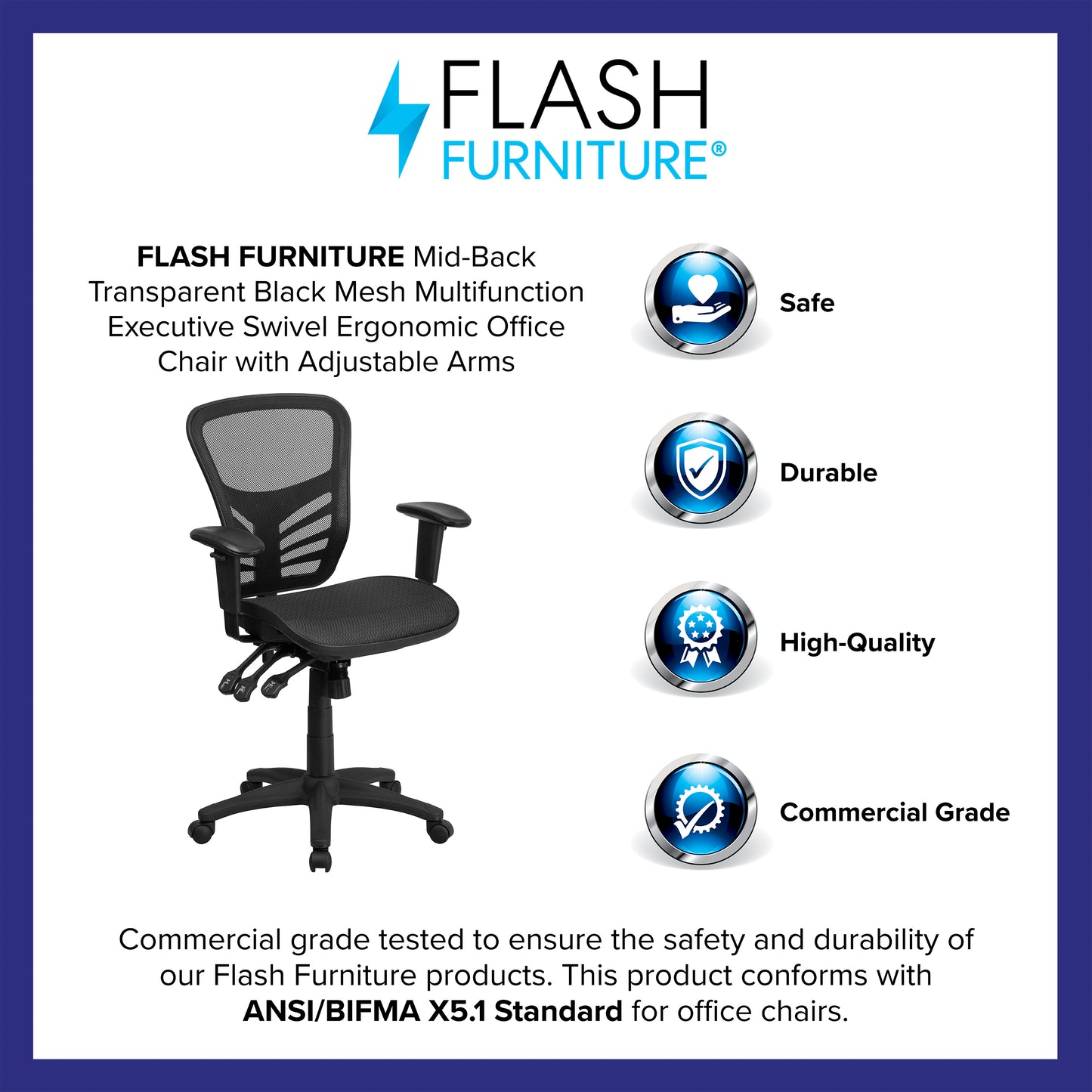 Nicholas Mid-Back Transparent Black Mesh Multifunction Executive Swivel Ergonomic Office Chair with Adjustable Arms Black