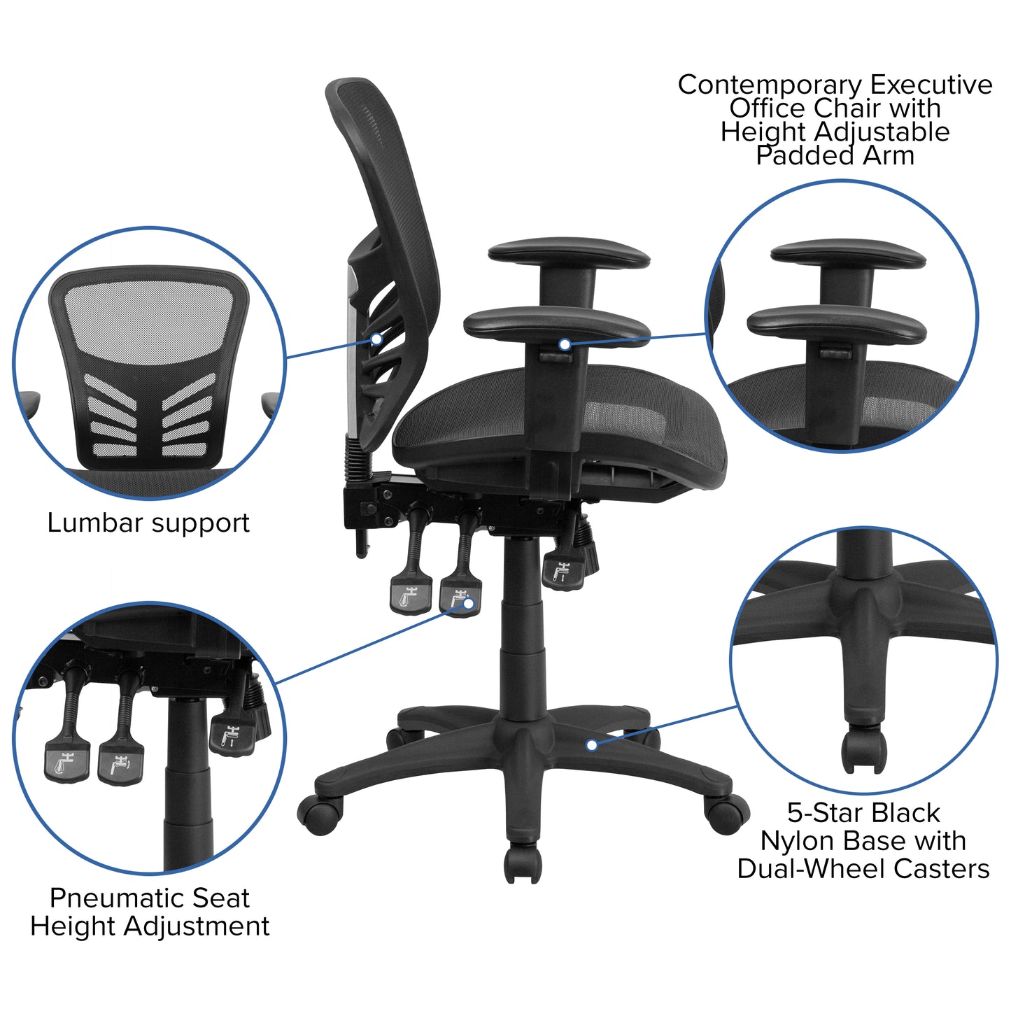 Nicholas Mid-Back Transparent Black Mesh Multifunction Executive Swivel Ergonomic Office Chair with Adjustable Arms Black