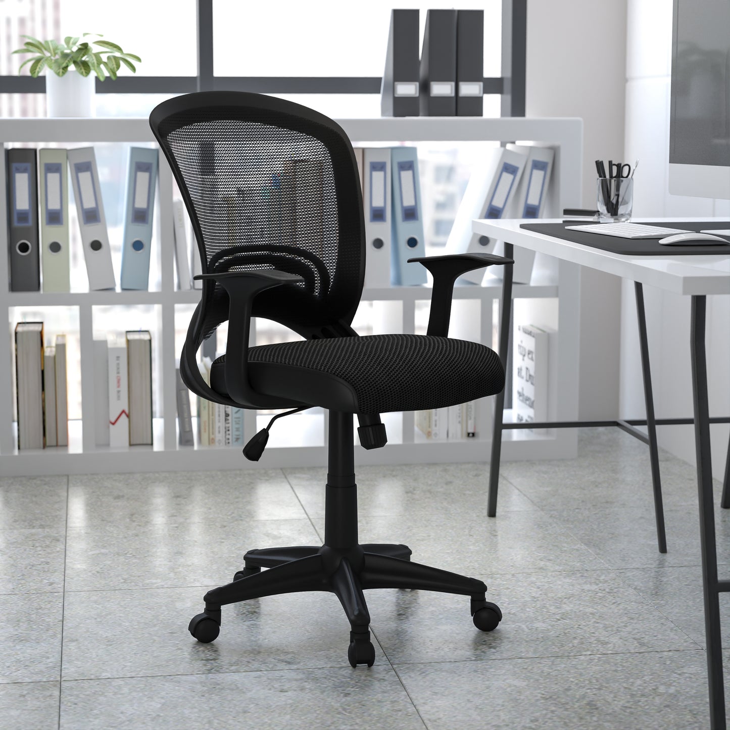Manny Mid-Back Designer Black Mesh Swivel Task Office Chair with Arms Black