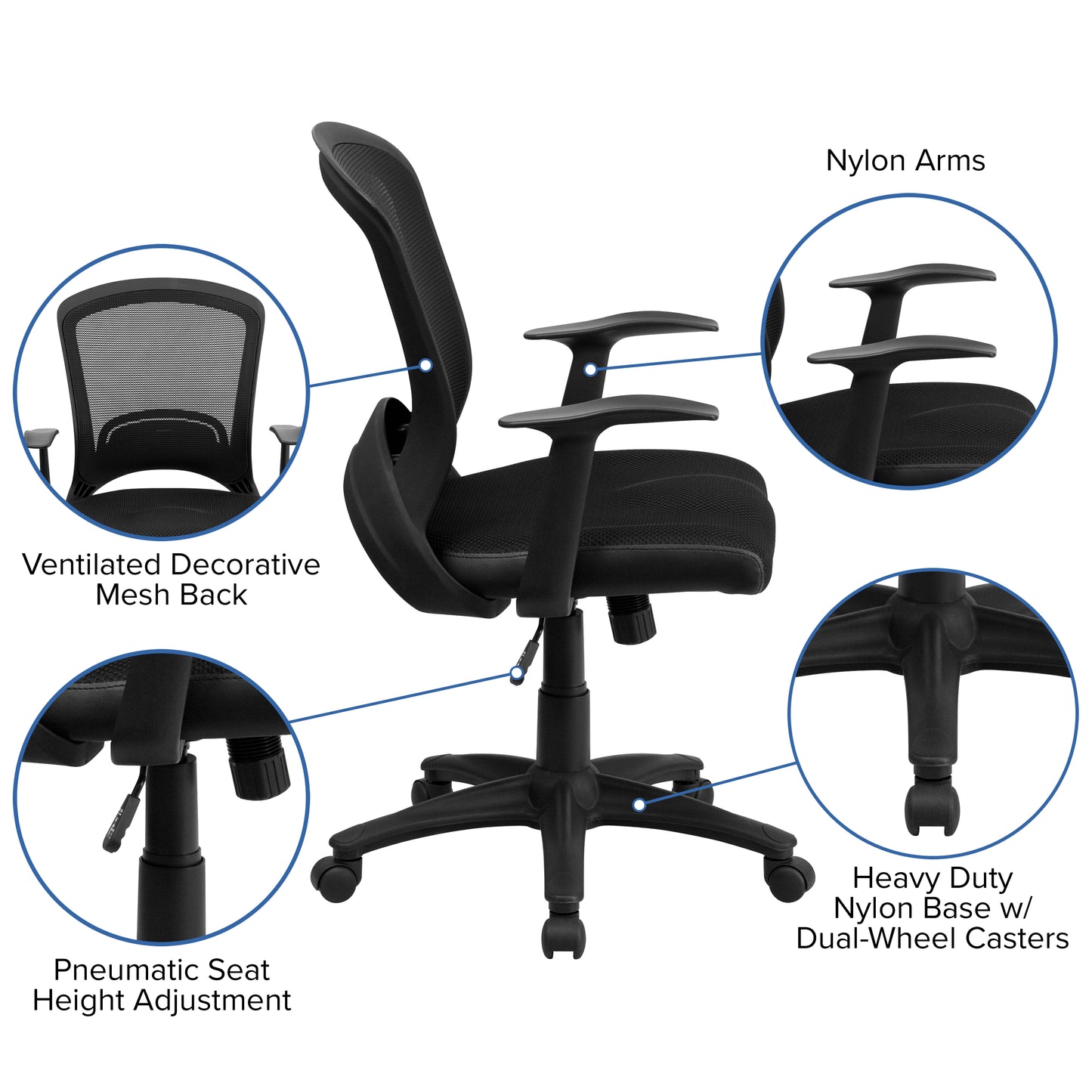 Manny Mid-Back Designer Black Mesh Swivel Task Office Chair with Arms Black