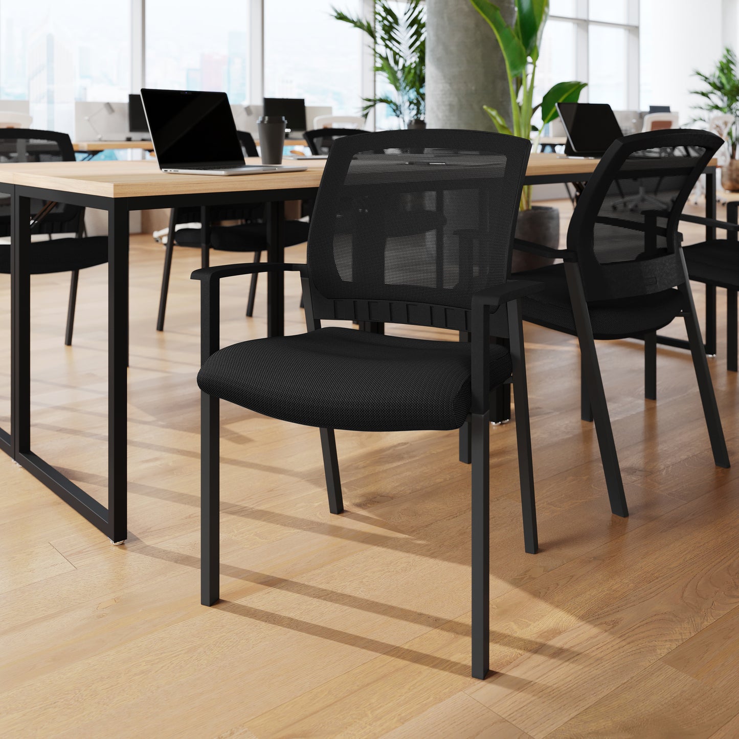 HERCULES Commercial Black Mesh Stackable Side Chair with Arms and Powder Coated Black Steel Frame Black