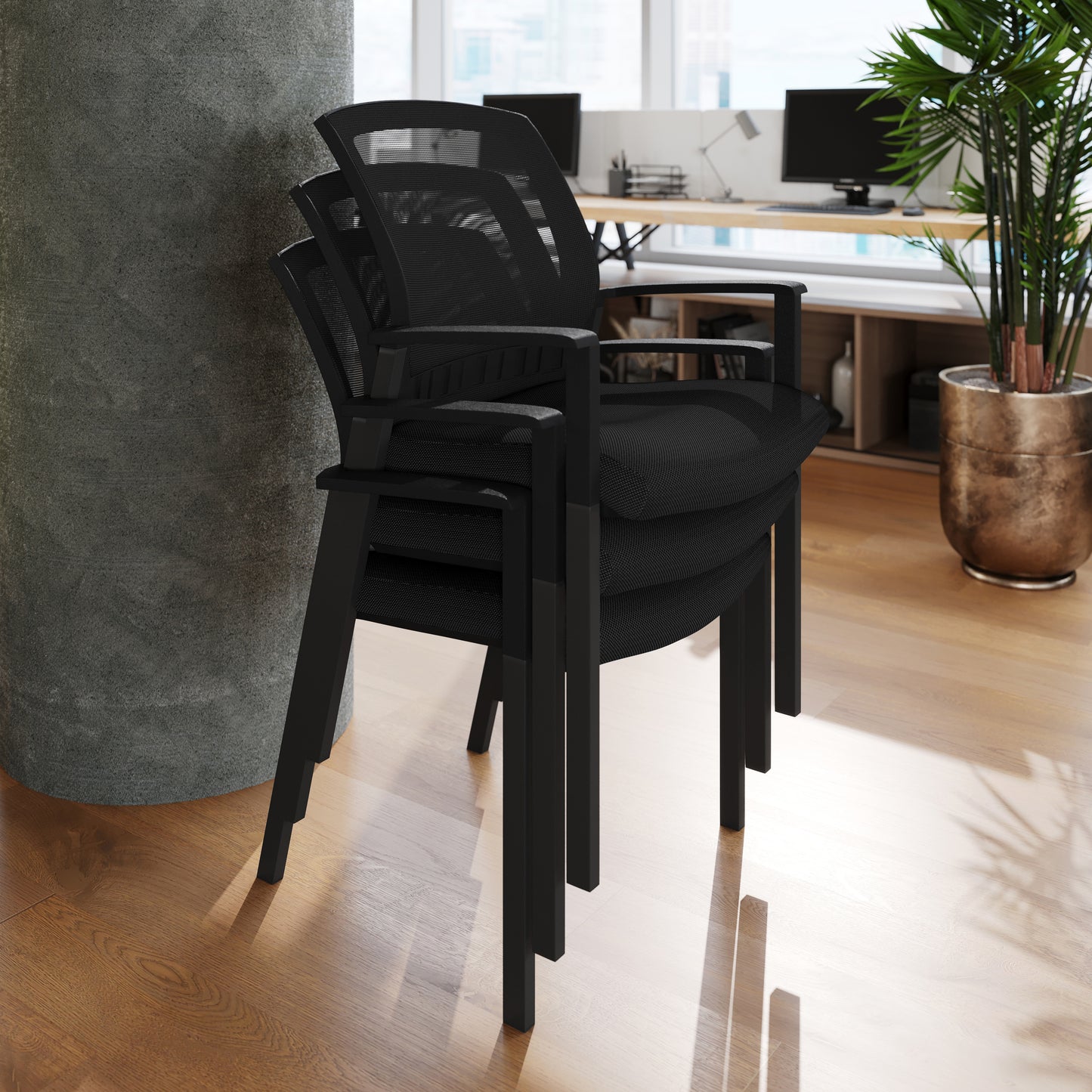 HERCULES Commercial Black Mesh Stackable Side Chair with Arms and Powder Coated Black Steel Frame Black