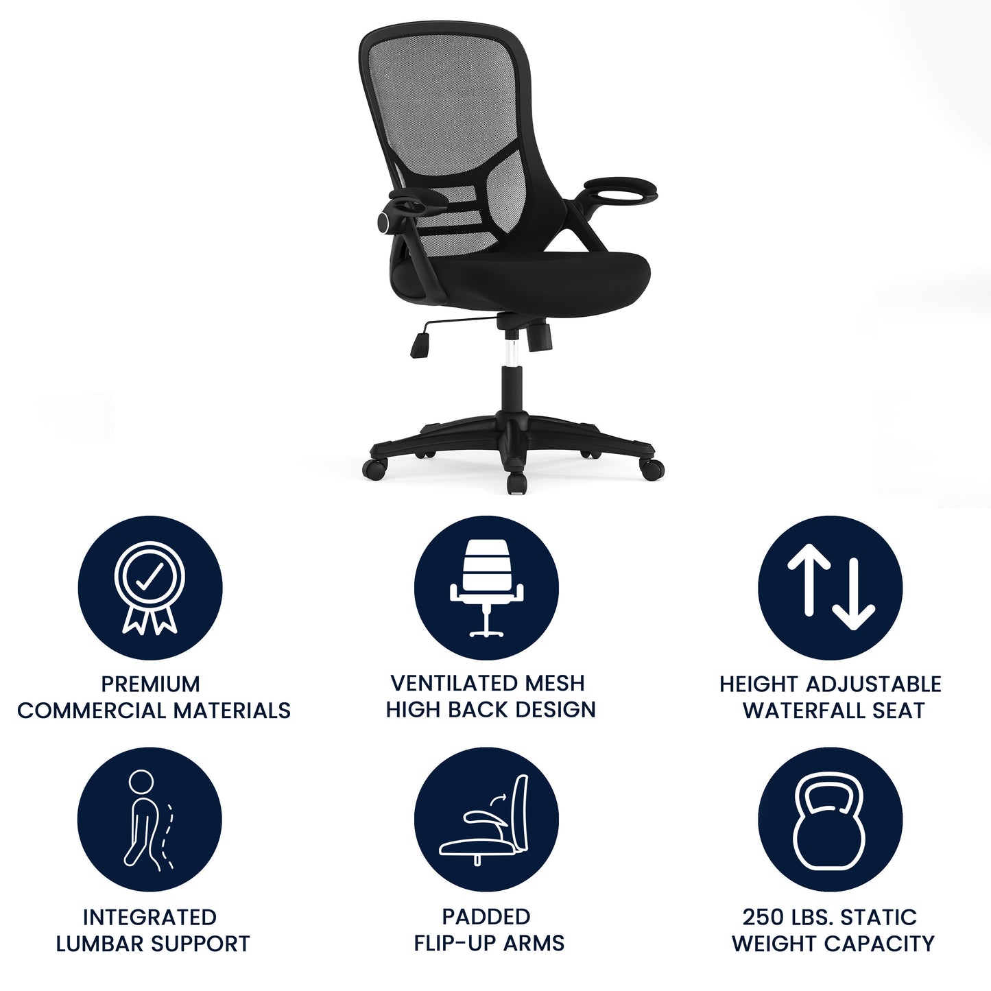 Porter High Back Black Mesh Ergonomic Swivel Office Chair with Black Frame and Flip-up Arms Black