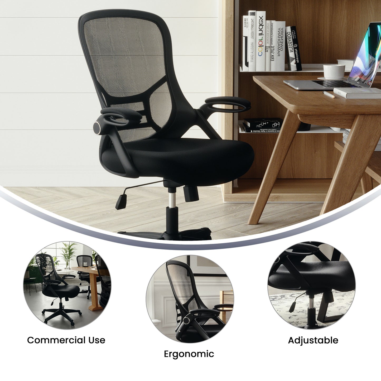 Porter High Back Black Mesh Ergonomic Swivel Office Chair with Black Frame and Flip-up Arms Black
