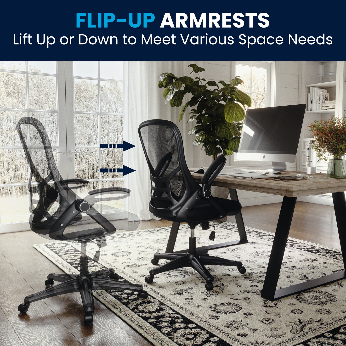 Porter High Back Black Mesh Ergonomic Swivel Office Chair with Black Frame and Flip-up Arms Black