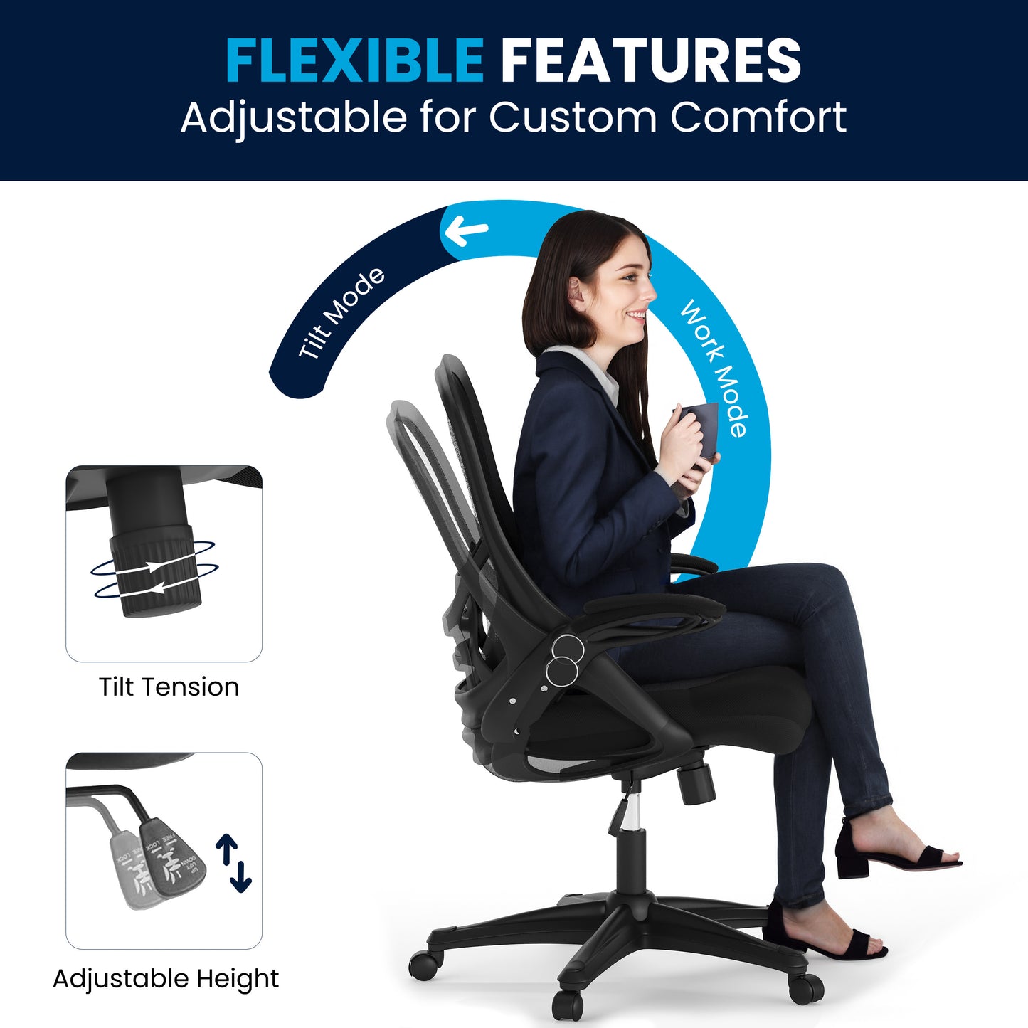 Porter High Back Black Mesh Ergonomic Swivel Office Chair with Black Frame and Flip-up Arms Black