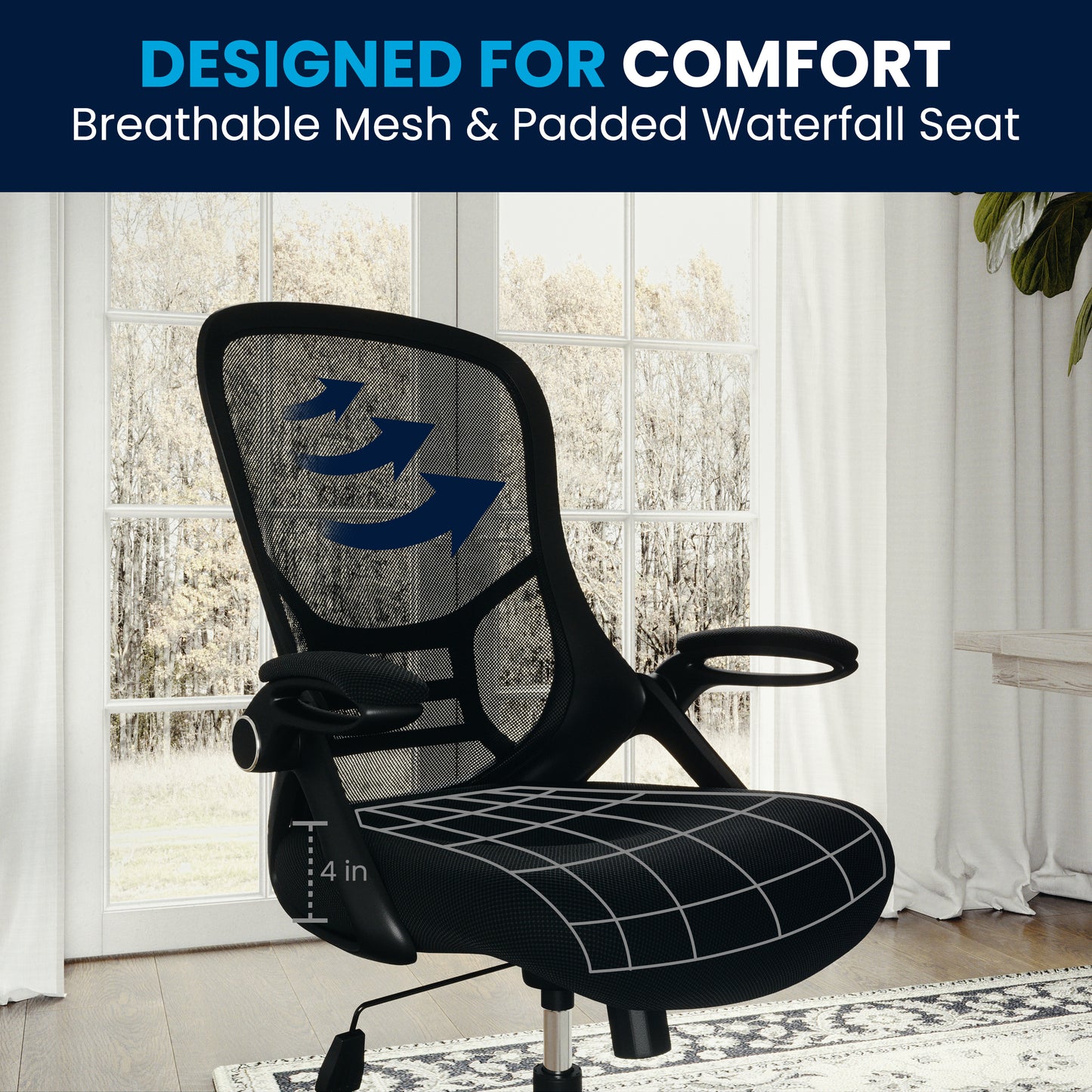 Porter High Back Black Mesh Ergonomic Swivel Office Chair with Black Frame and Flip-up Arms Black