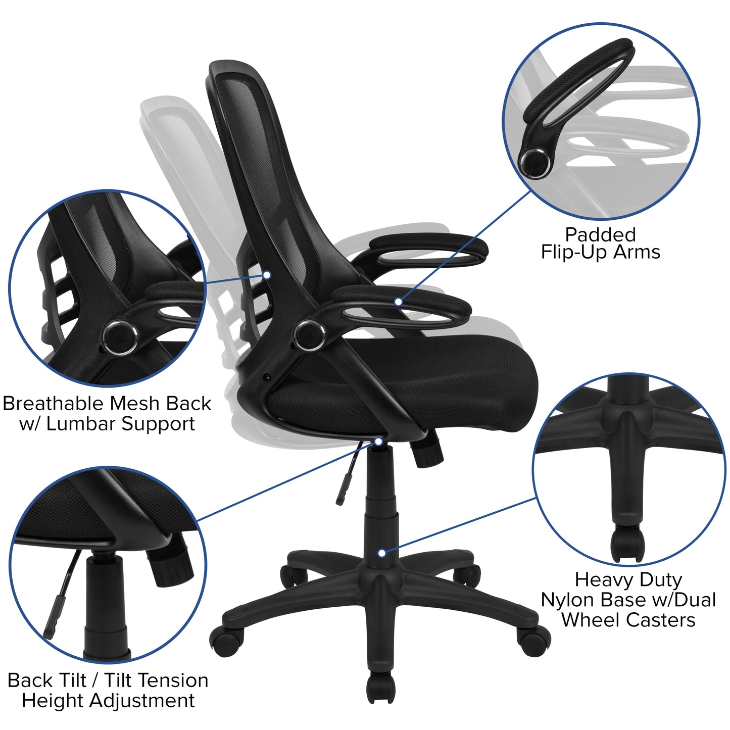 Porter High Back Black Mesh Ergonomic Swivel Office Chair with Black Frame and Flip-up Arms Black