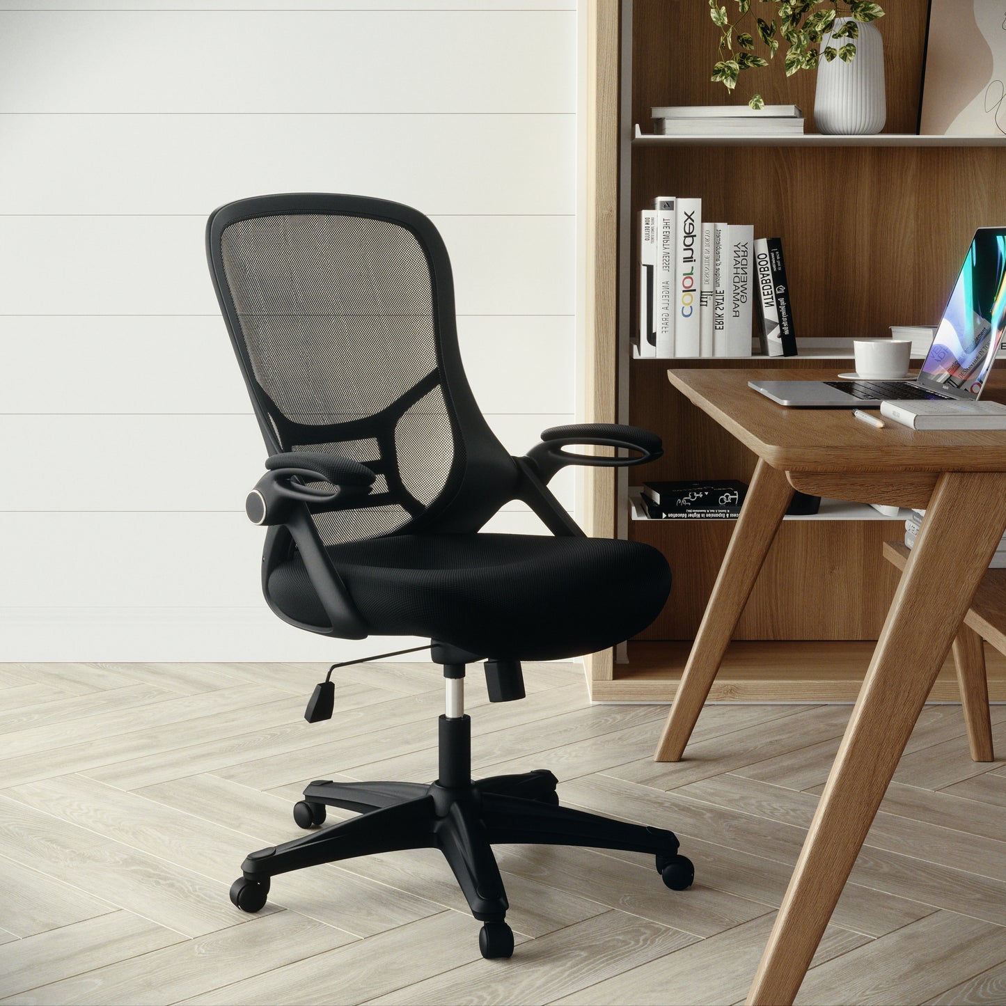 Porter High Back Black Mesh Ergonomic Swivel Office Chair with Black Frame and Flip-up Arms Black