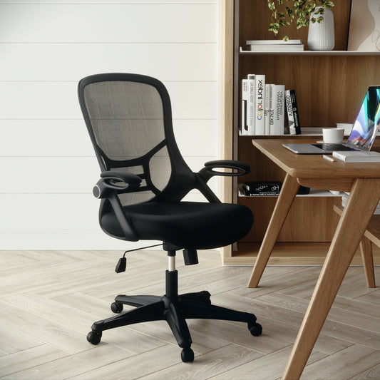 Porter High Back Black Mesh Ergonomic Swivel Office Chair with Black Frame and Flip-up Arms Black HL-0016-1-BK-BK-GG