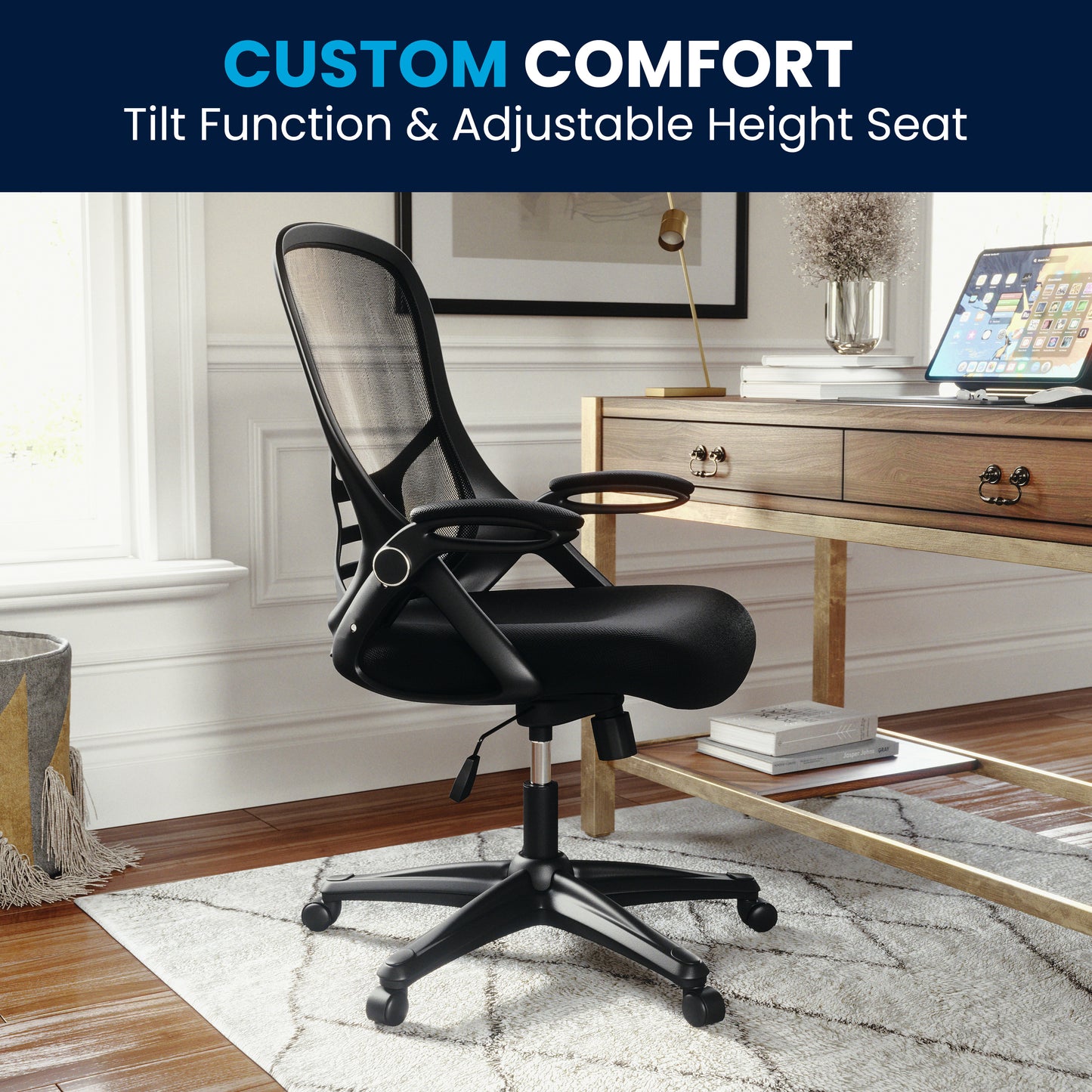 Porter High Back Black Mesh Ergonomic Swivel Office Chair with Black Frame and Flip-up Arms Black