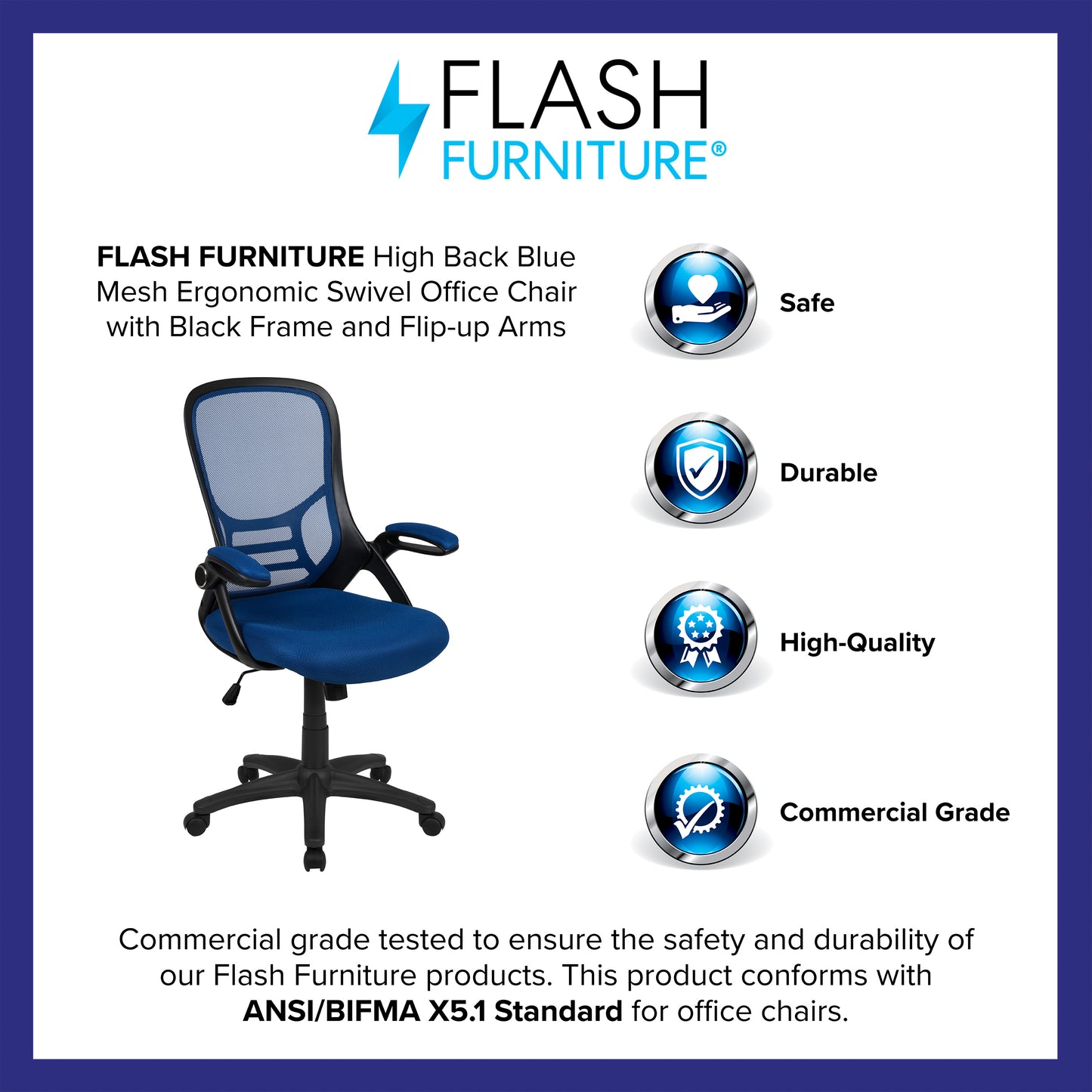 Porter High Back Blue Mesh Ergonomic Swivel Office Chair with Black Frame and Flip-up Arms Blue