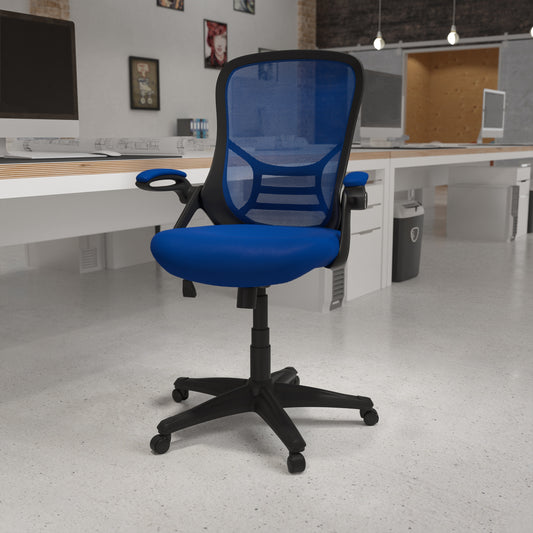 Porter High Back Blue Mesh Ergonomic Swivel Office Chair with Black Frame and Flip-up Arms Blue HL-0016-1-BK-BL-GG