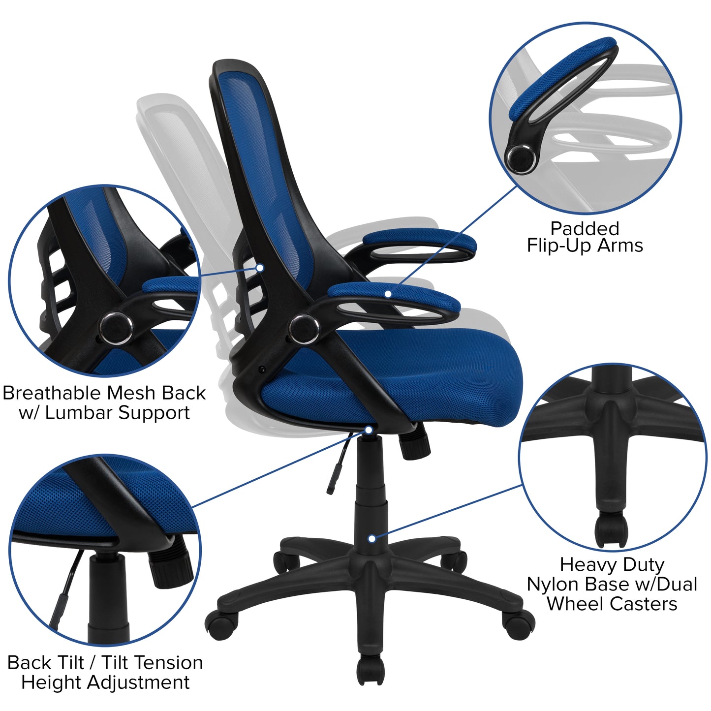 Porter High Back Blue Mesh Ergonomic Swivel Office Chair with Black Frame and Flip-up Arms Blue