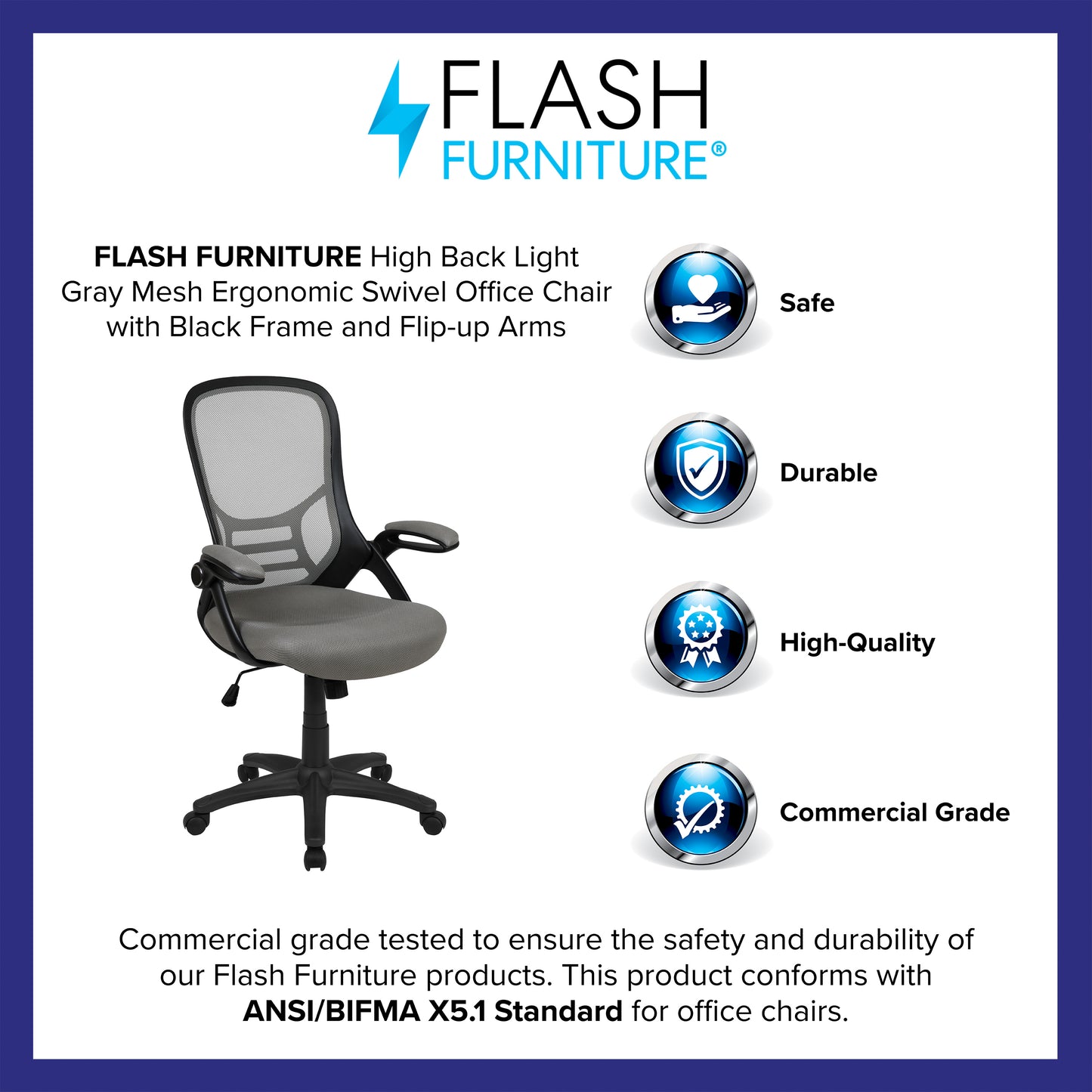 Porter High Back Light Gray Mesh Ergonomic Swivel Office Chair with Black Frame and Flip-up Arms Light Gray