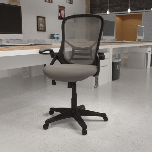 Porter High Back Light Gray Mesh Ergonomic Swivel Office Chair with Black Frame and Flip-up Arms Light Gray HL-0016-1-BK-GY-GG