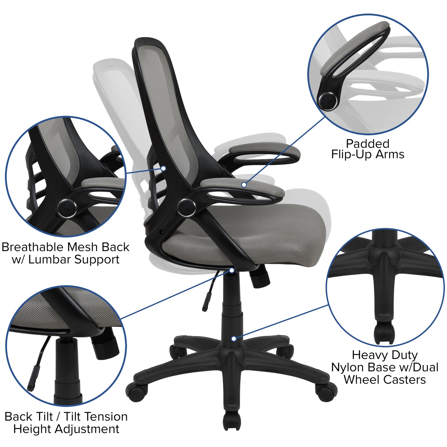 Porter High Back Light Gray Mesh Ergonomic Swivel Office Chair with Black Frame and Flip-up Arms Light Gray