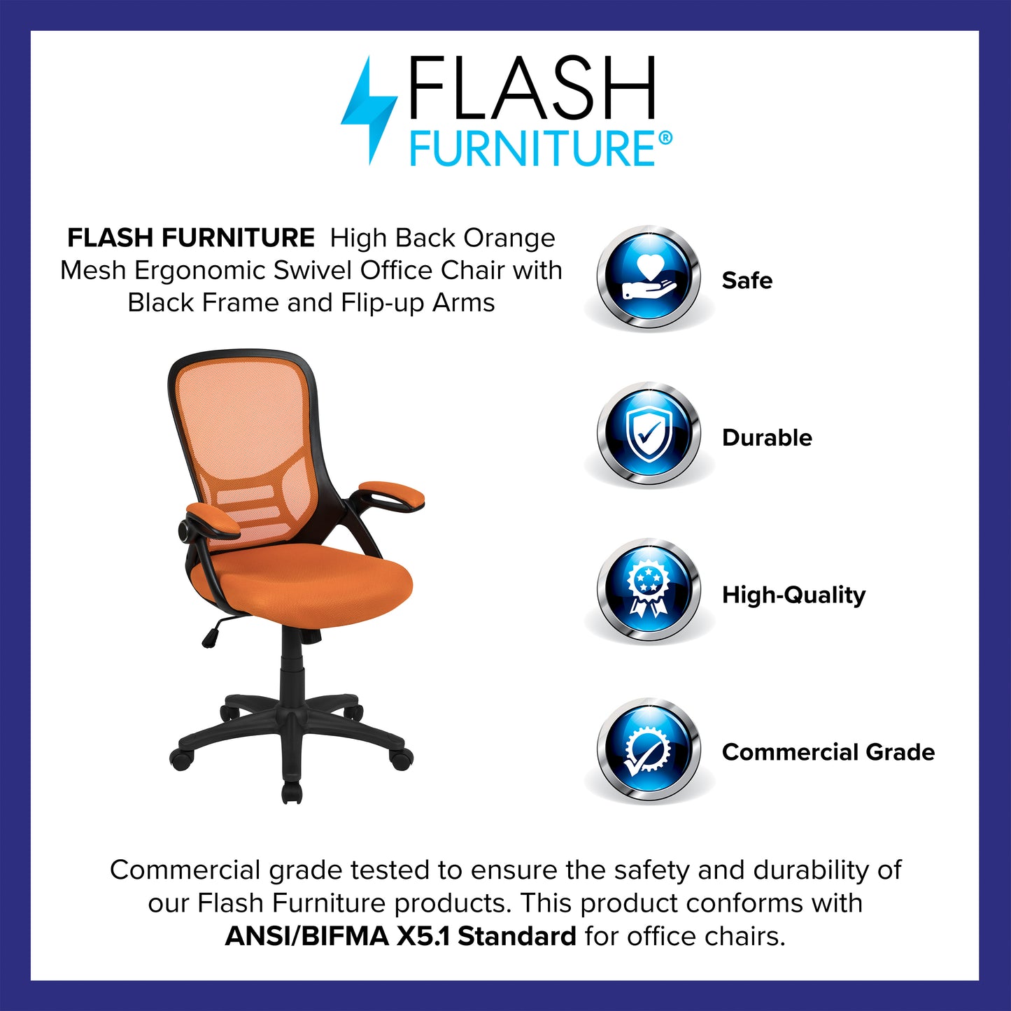 Porter High Back Orange Mesh Ergonomic Swivel Office Chair with Black Frame and Flip-up Arms Orange