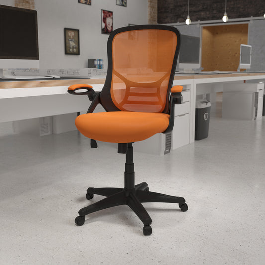 Porter High Back Orange Mesh Ergonomic Swivel Office Chair with Black Frame and Flip-up Arms Orange HL-0016-1-BK-OR-GG