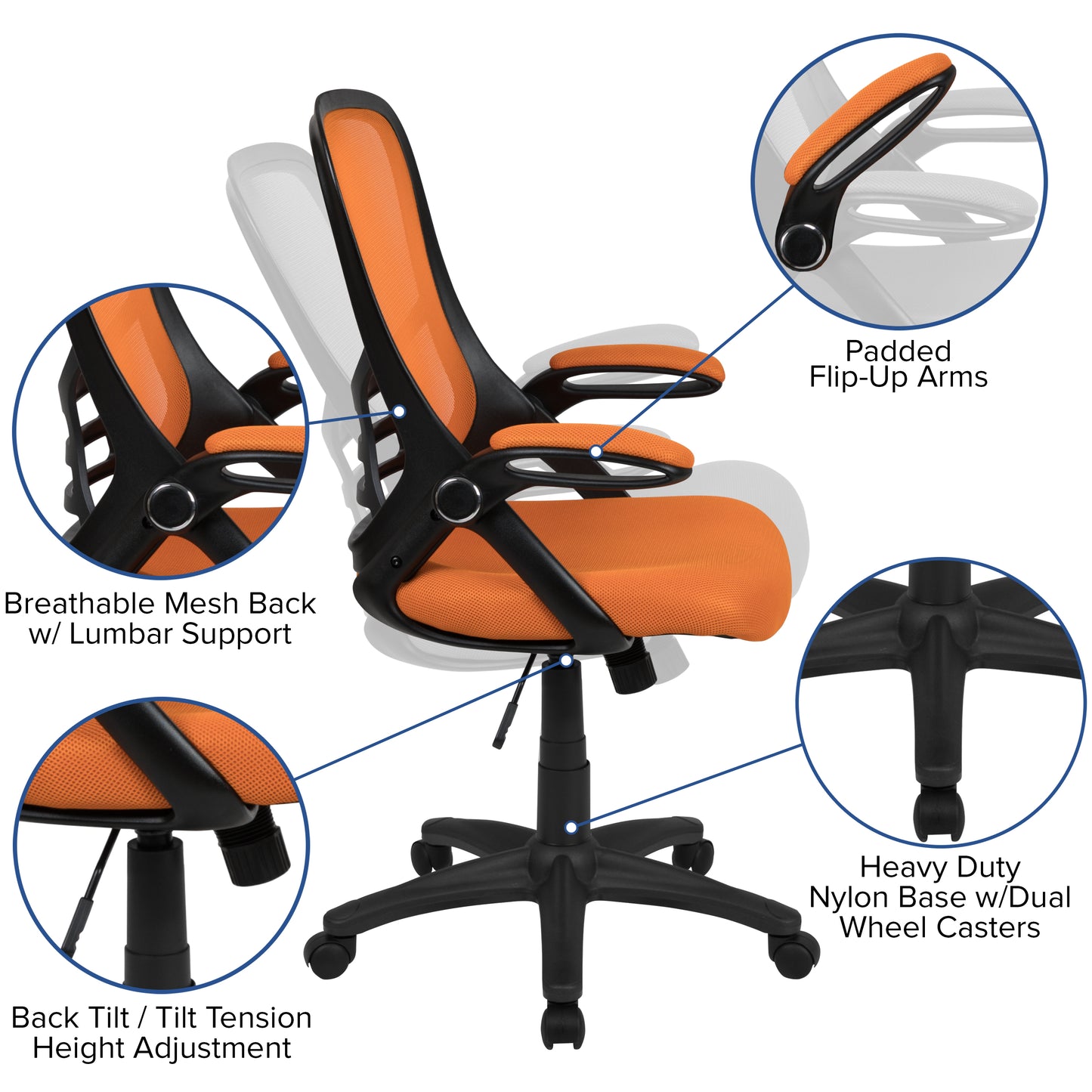 Porter High Back Orange Mesh Ergonomic Swivel Office Chair with Black Frame and Flip-up Arms Orange