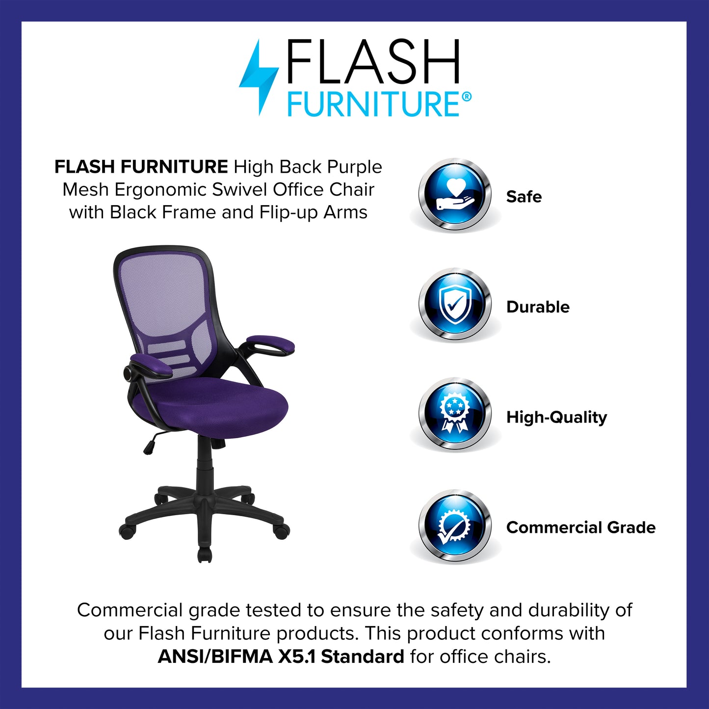 Porter High Back Purple Mesh Ergonomic Swivel Office Chair with Black Frame and Flip-up Arms Purple