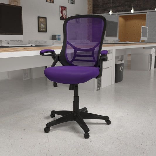 Porter High Back Purple Mesh Ergonomic Swivel Office Chair with Black Frame and Flip-up Arms Purple HL-0016-1-BK-PUR-GG
