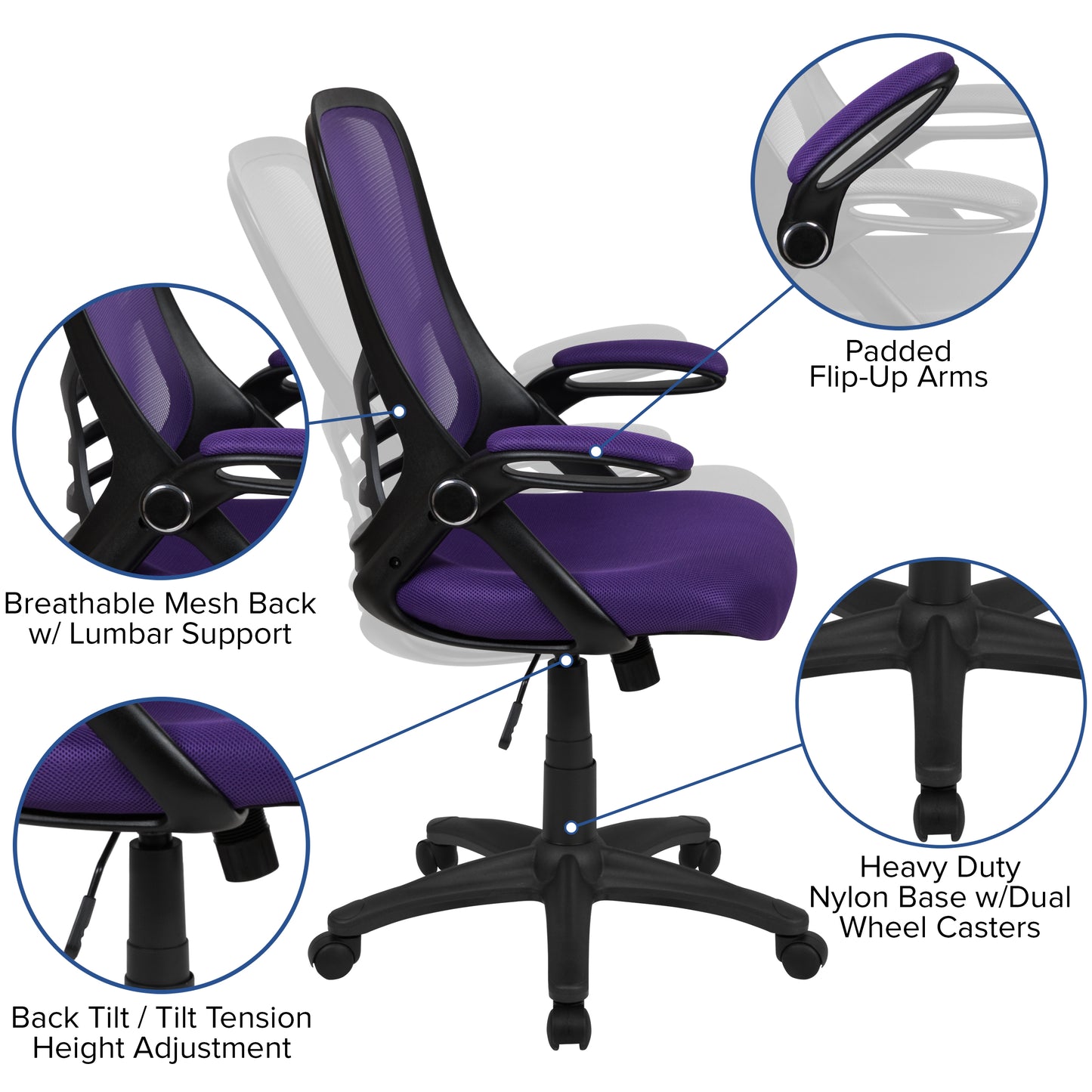 Porter High Back Purple Mesh Ergonomic Swivel Office Chair with Black Frame and Flip-up Arms Purple