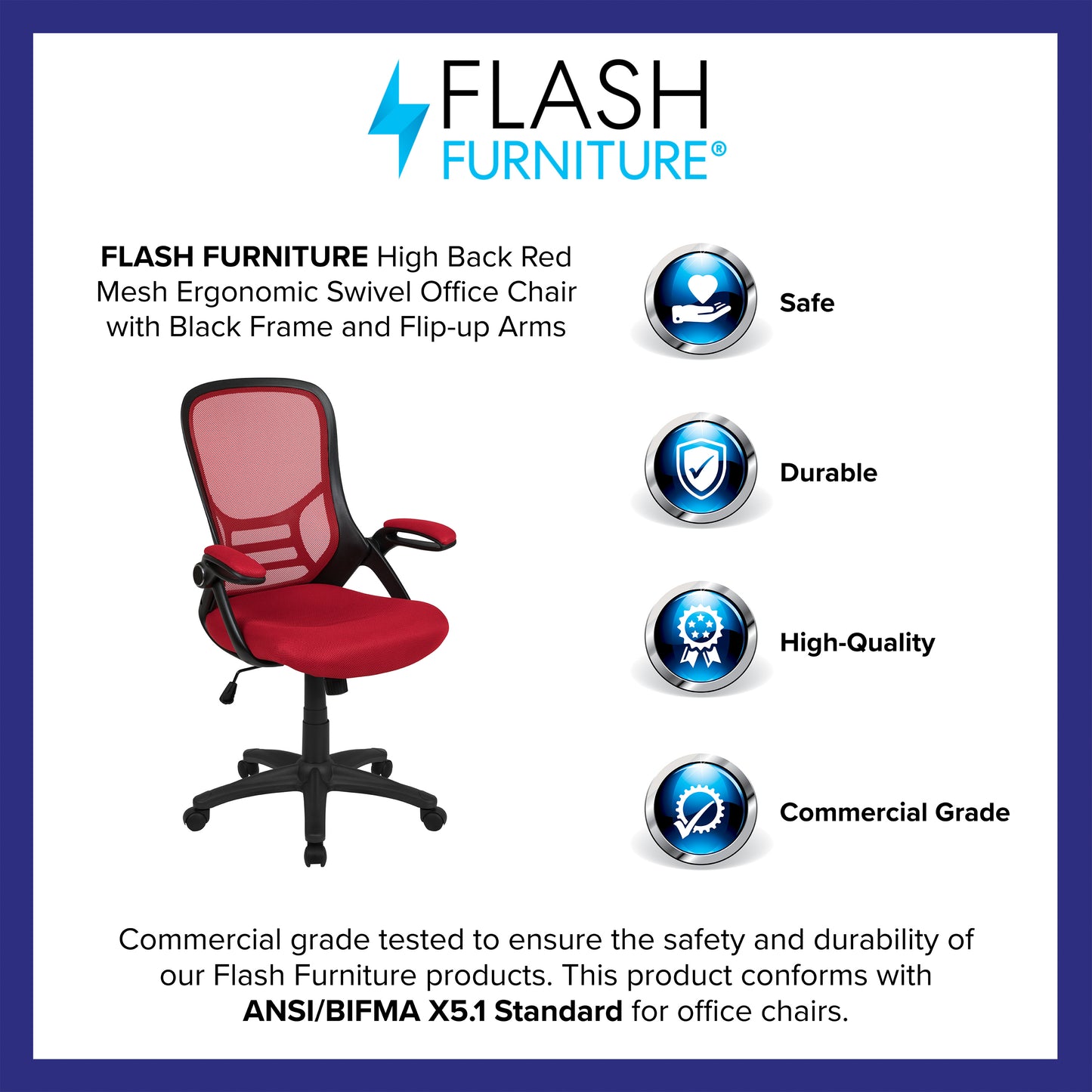 Porter High Back Red Mesh Ergonomic Swivel Office Chair with Black Frame and Flip-up Arms Red
