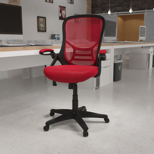 Porter High Back Red Mesh Ergonomic Swivel Office Chair with Black Frame and Flip-up Arms Red HL-0016-1-BK-RED-GG