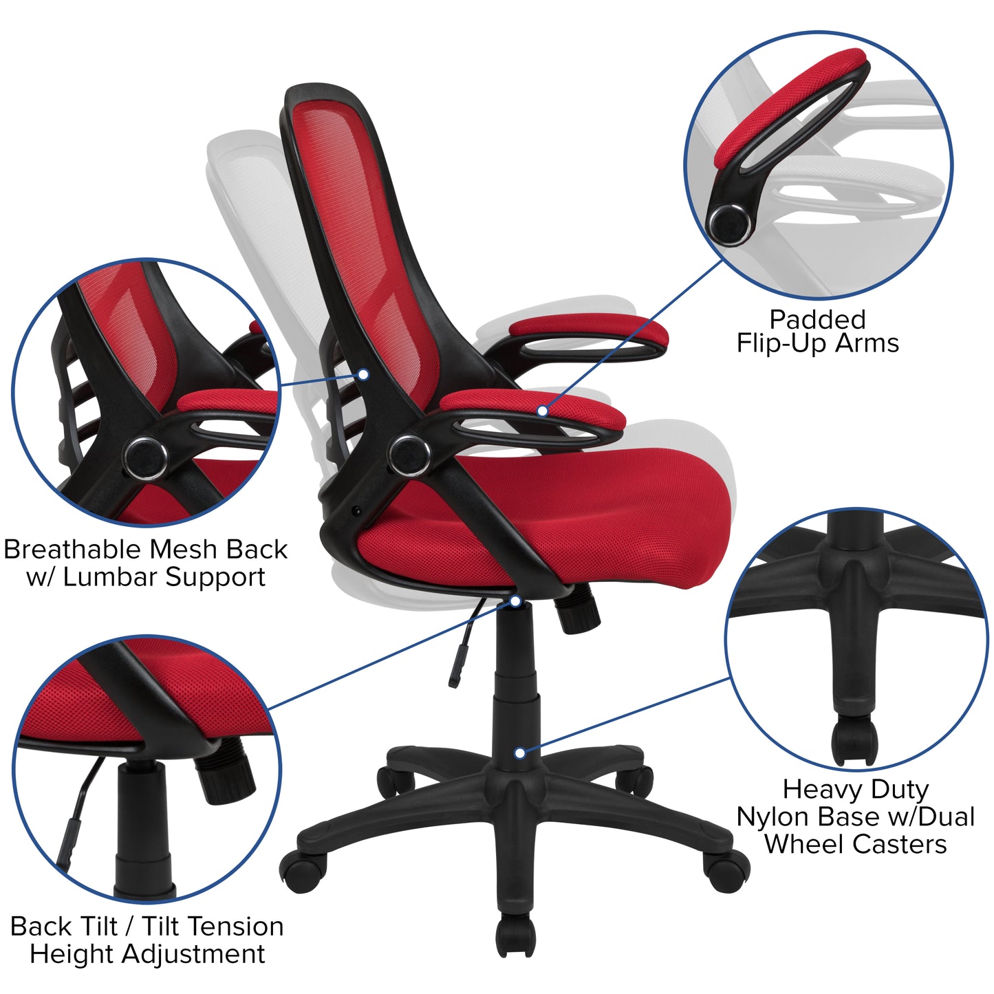 Porter High Back Red Mesh Ergonomic Swivel Office Chair with Black Frame and Flip-up Arms Red