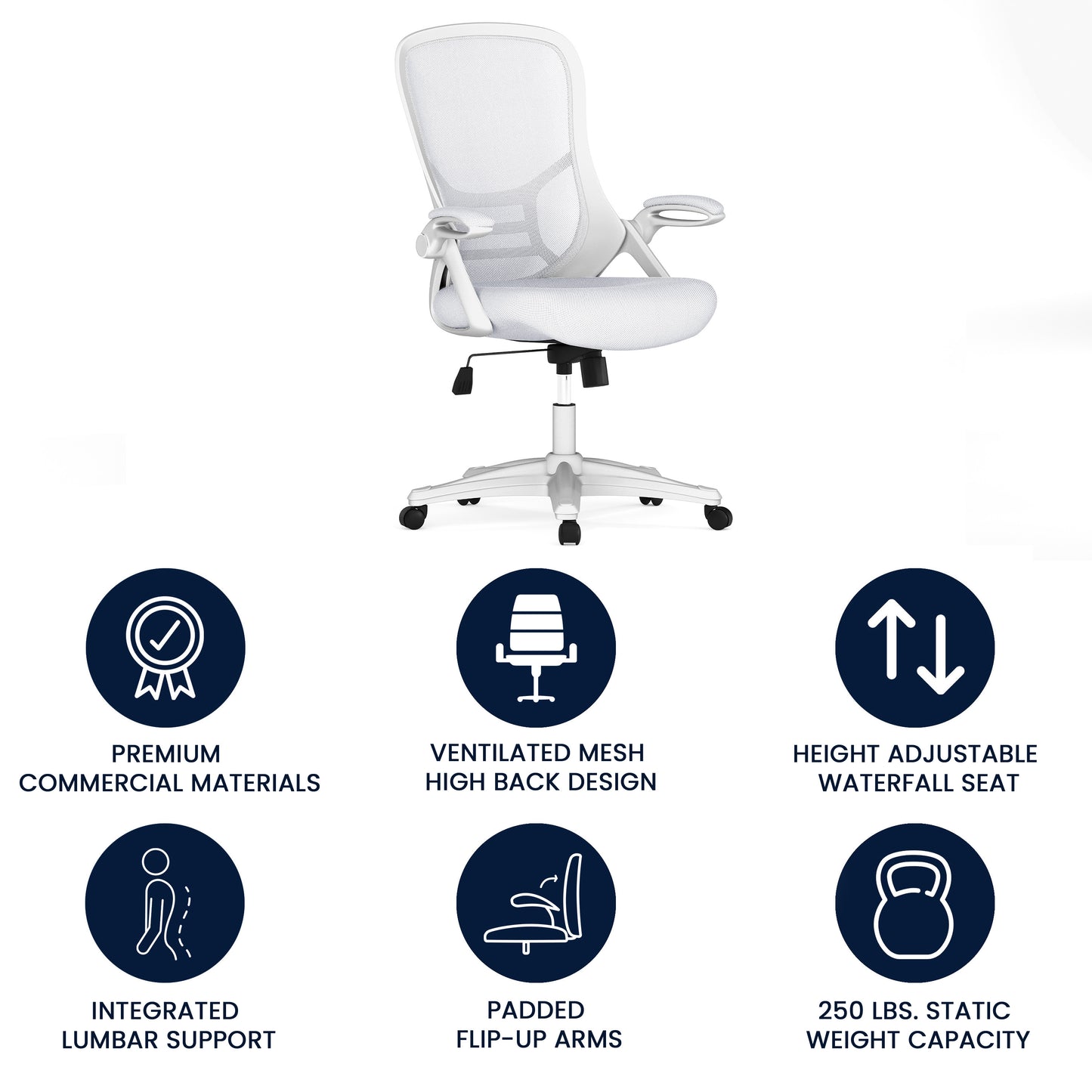 Porter High Back White Mesh Ergonomic Swivel Office Chair with White Frame and Flip-up Arms White