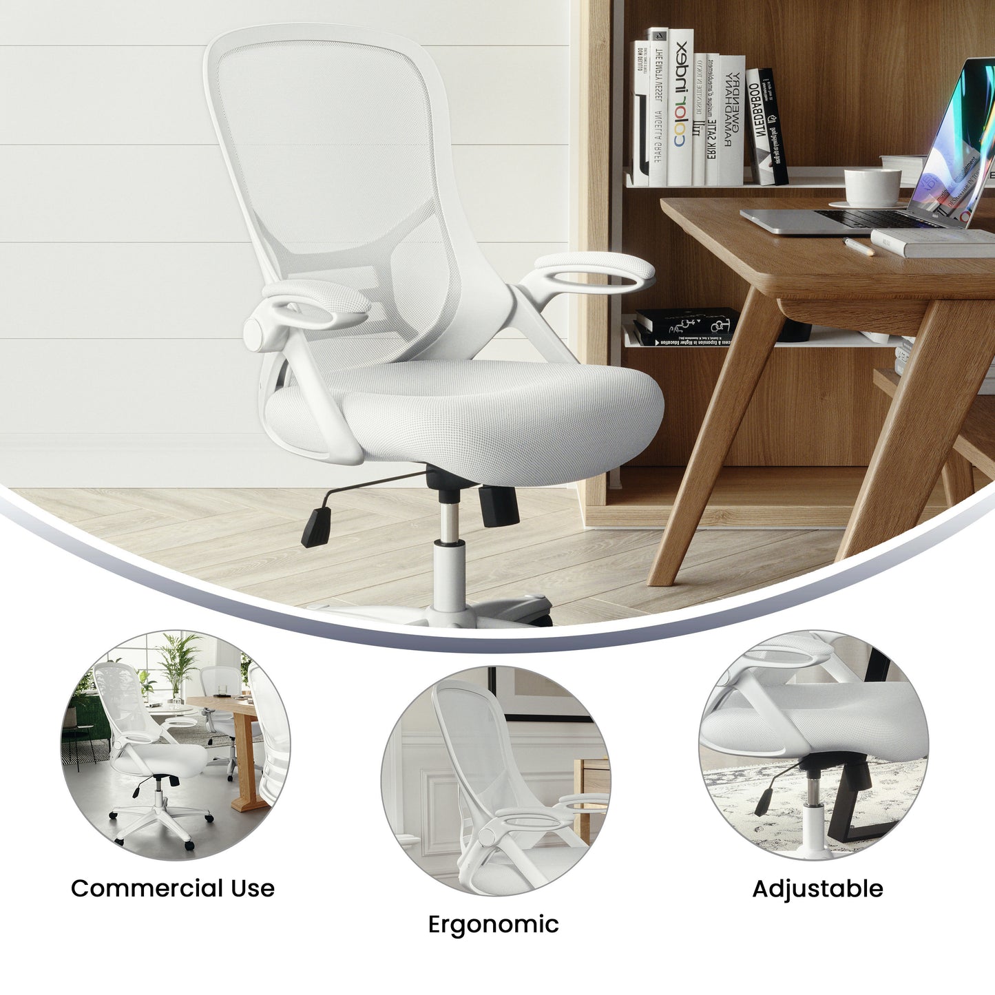 Porter High Back White Mesh Ergonomic Swivel Office Chair with White Frame and Flip-up Arms White
