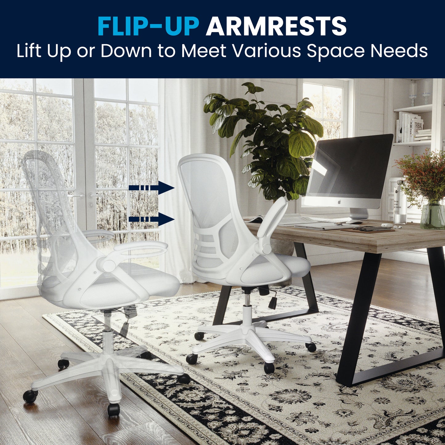 Porter High Back White Mesh Ergonomic Swivel Office Chair with White Frame and Flip-up Arms White