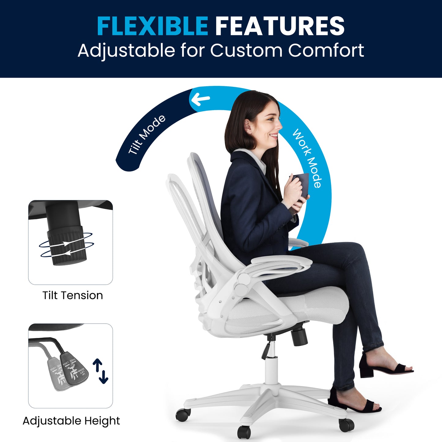 Porter High Back White Mesh Ergonomic Swivel Office Chair with White Frame and Flip-up Arms White