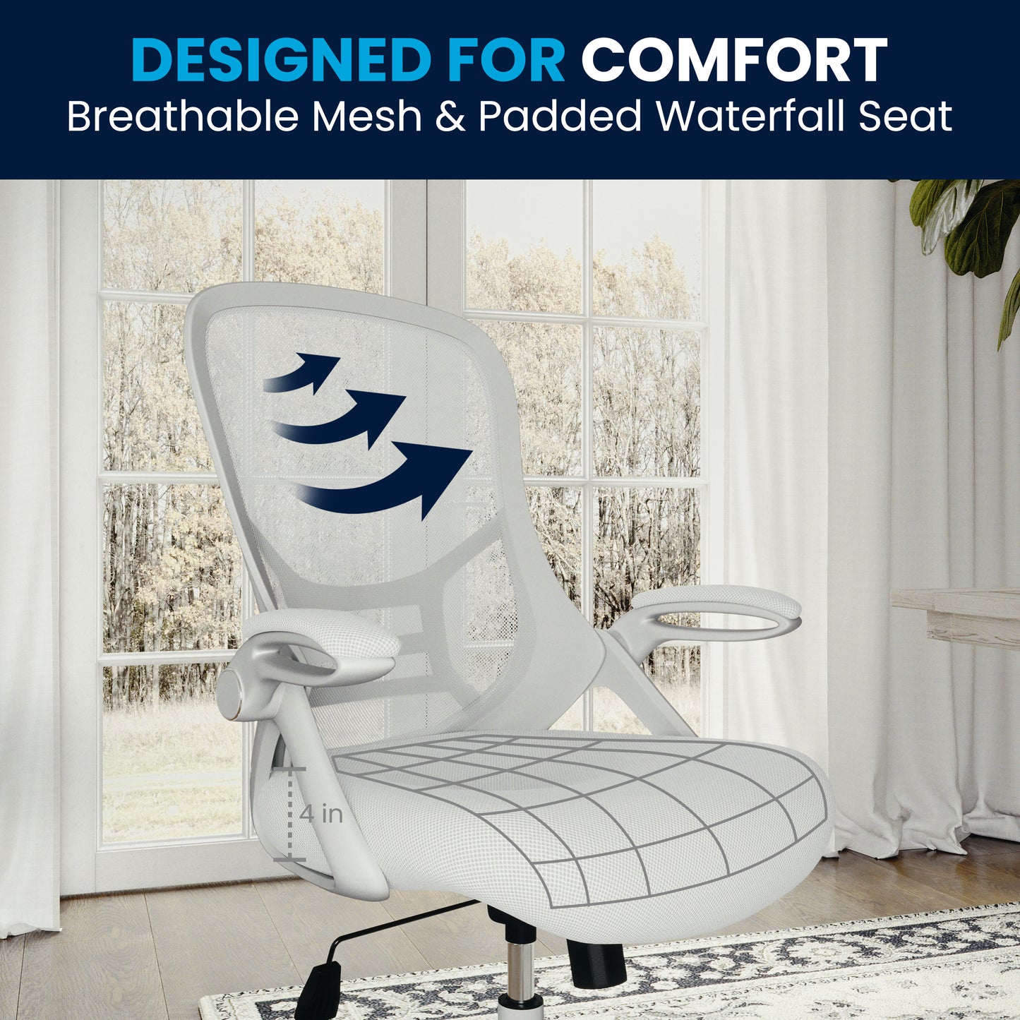 Porter High Back White Mesh Ergonomic Swivel Office Chair with White Frame and Flip-up Arms White