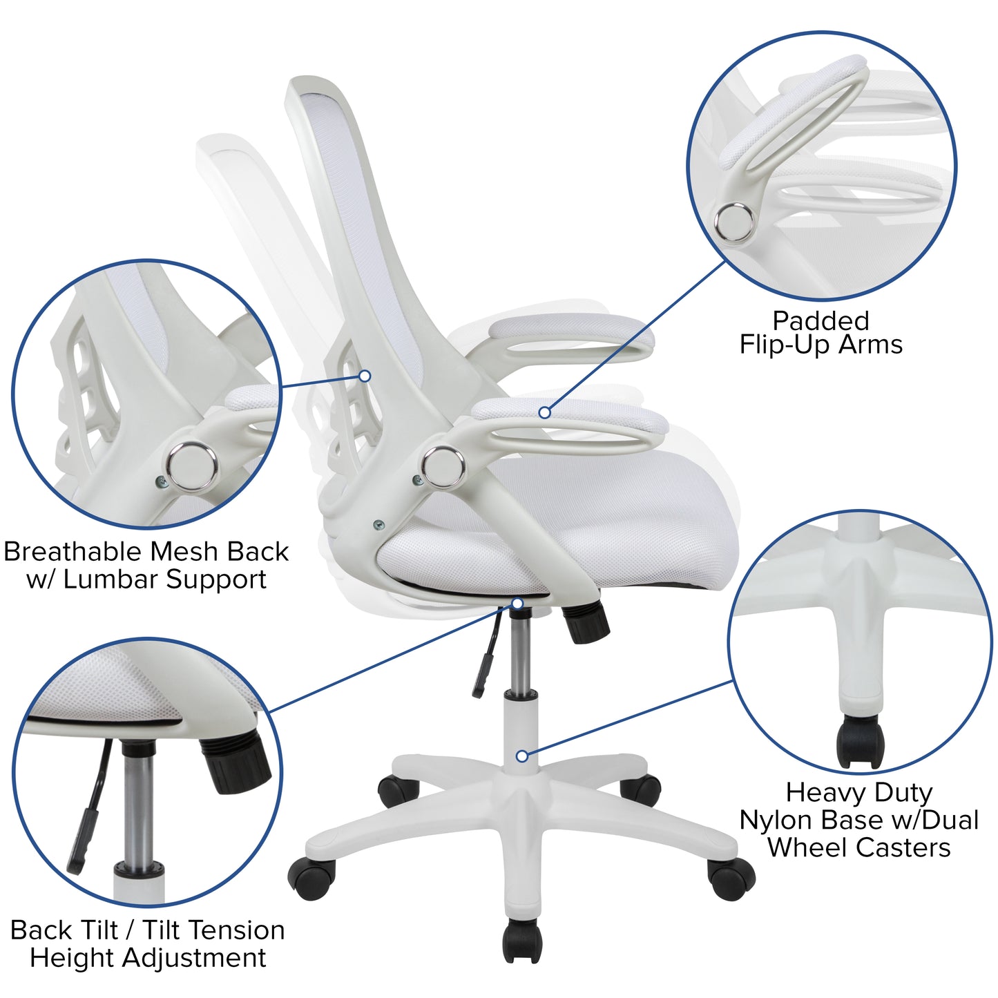 Porter High Back White Mesh Ergonomic Swivel Office Chair with White Frame and Flip-up Arms White