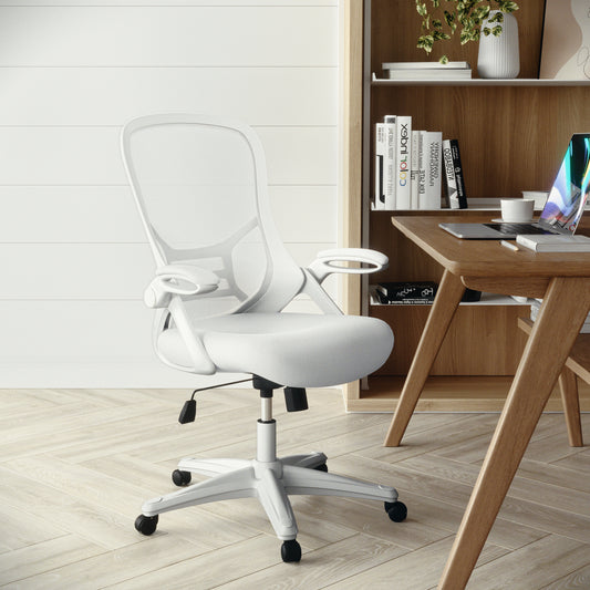 Porter High Back White Mesh Ergonomic Swivel Office Chair with White Frame and Flip-up Arms White HL-0016-1-WH-WH-GG