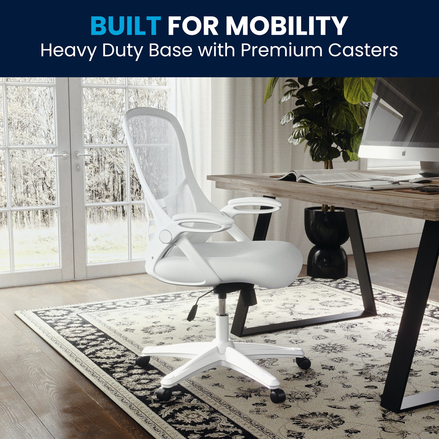 Porter High Back White Mesh Ergonomic Swivel Office Chair with White Frame and Flip-up Arms White