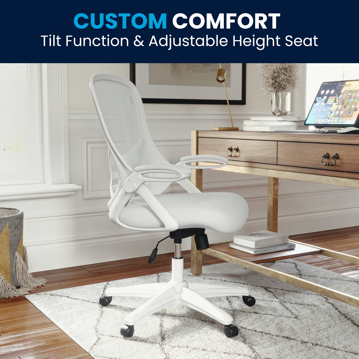 Porter High Back White Mesh Ergonomic Swivel Office Chair with White Frame and Flip-up Arms White