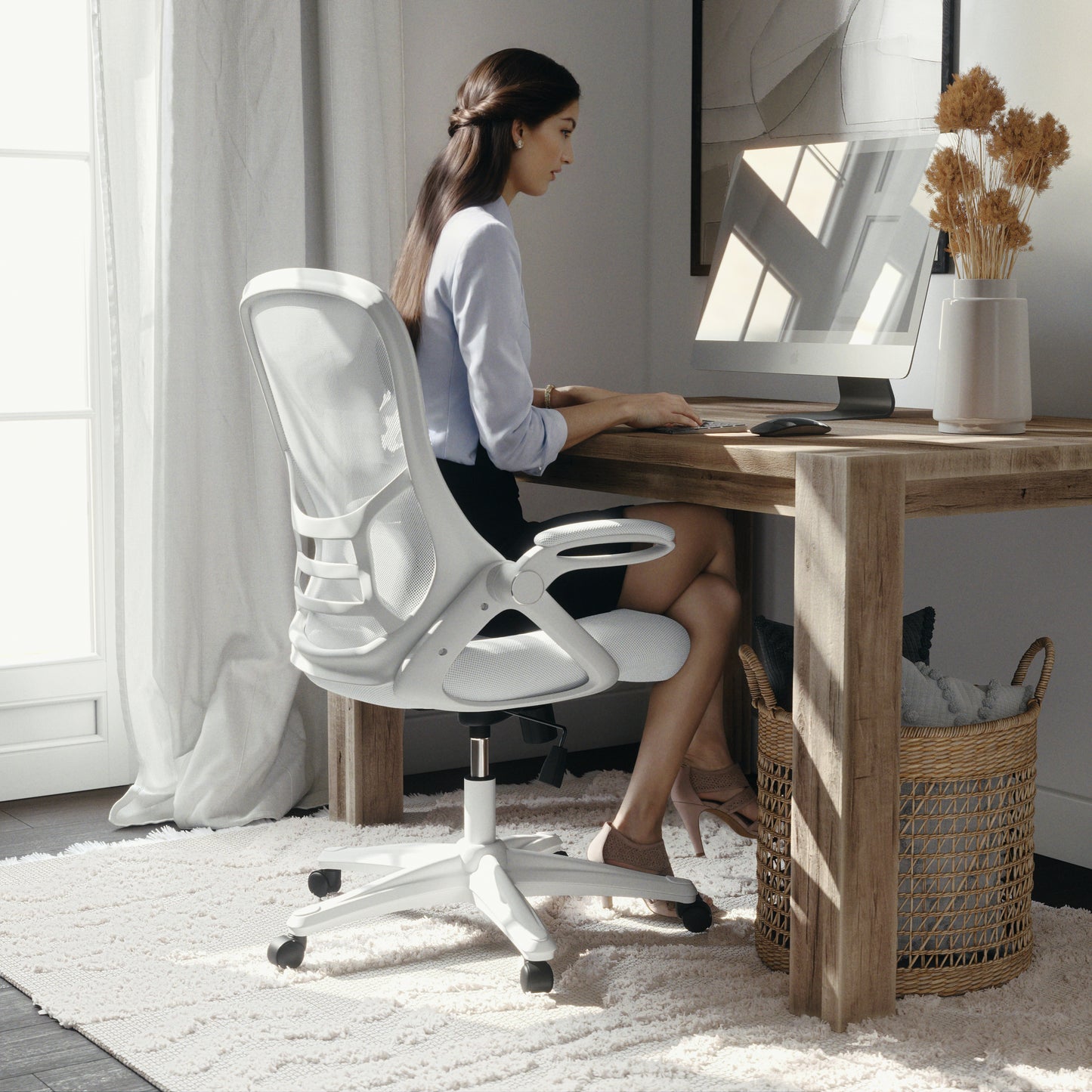Porter High Back White Mesh Ergonomic Swivel Office Chair with White Frame and Flip-up Arms White