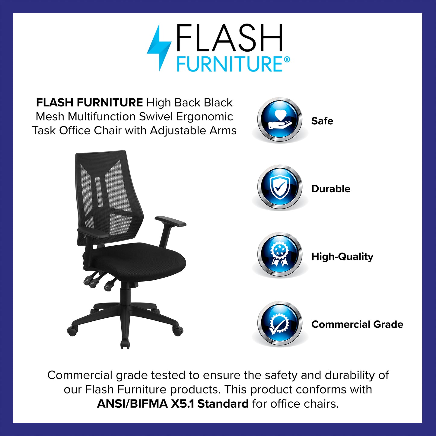 Ivan High Back Black Mesh Multifunction Swivel Ergonomic Task Office Chair with Adjustable Arms Black