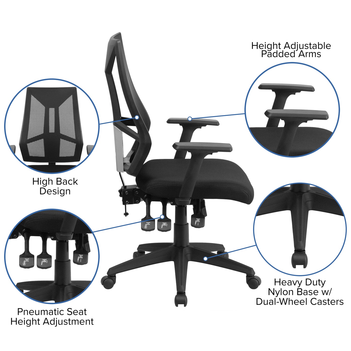 Ivan High Back Black Mesh Multifunction Swivel Ergonomic Task Office Chair with Adjustable Arms Black
