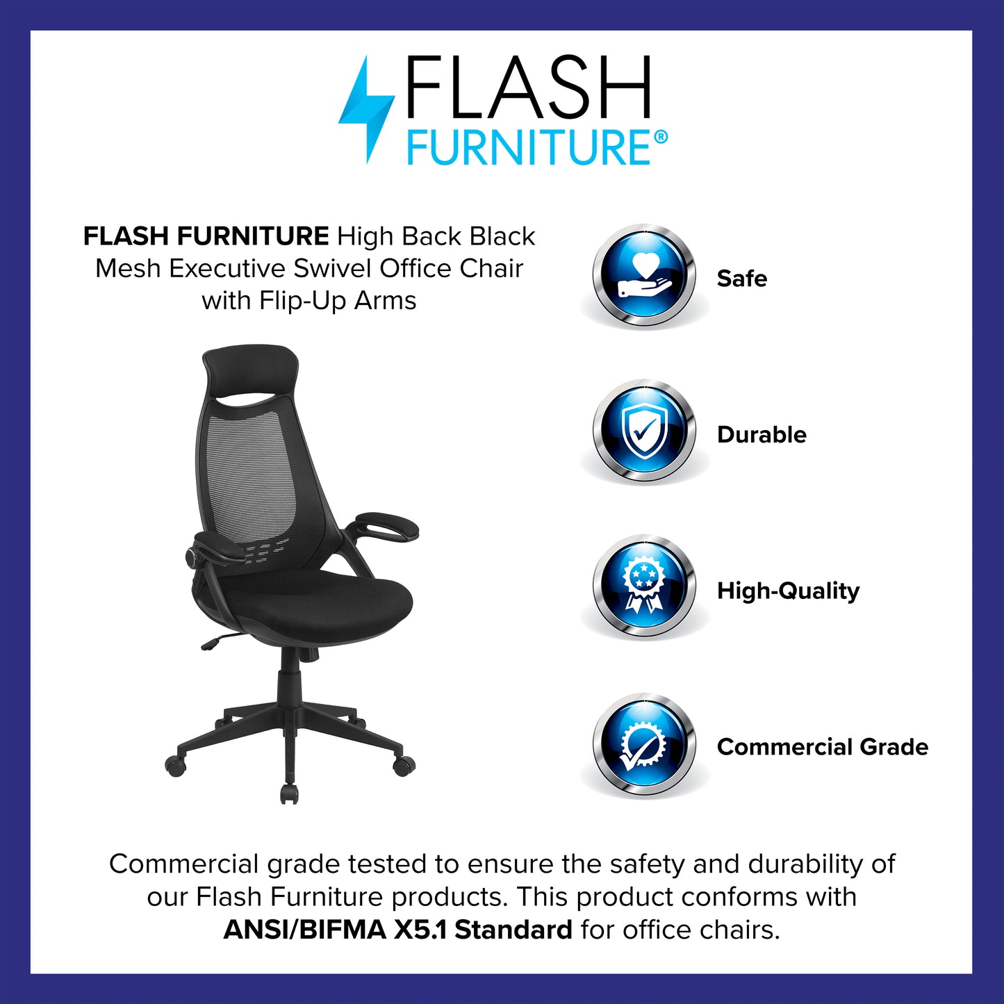 Ivan High Back Black Mesh Executive Swivel Office Chair with Flip-Up Arms Black Mesh