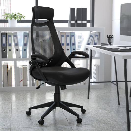 Ivan High Back Black Mesh Executive Swivel Office Chair with Flip-Up Arms Black Mesh HL-0018-GG