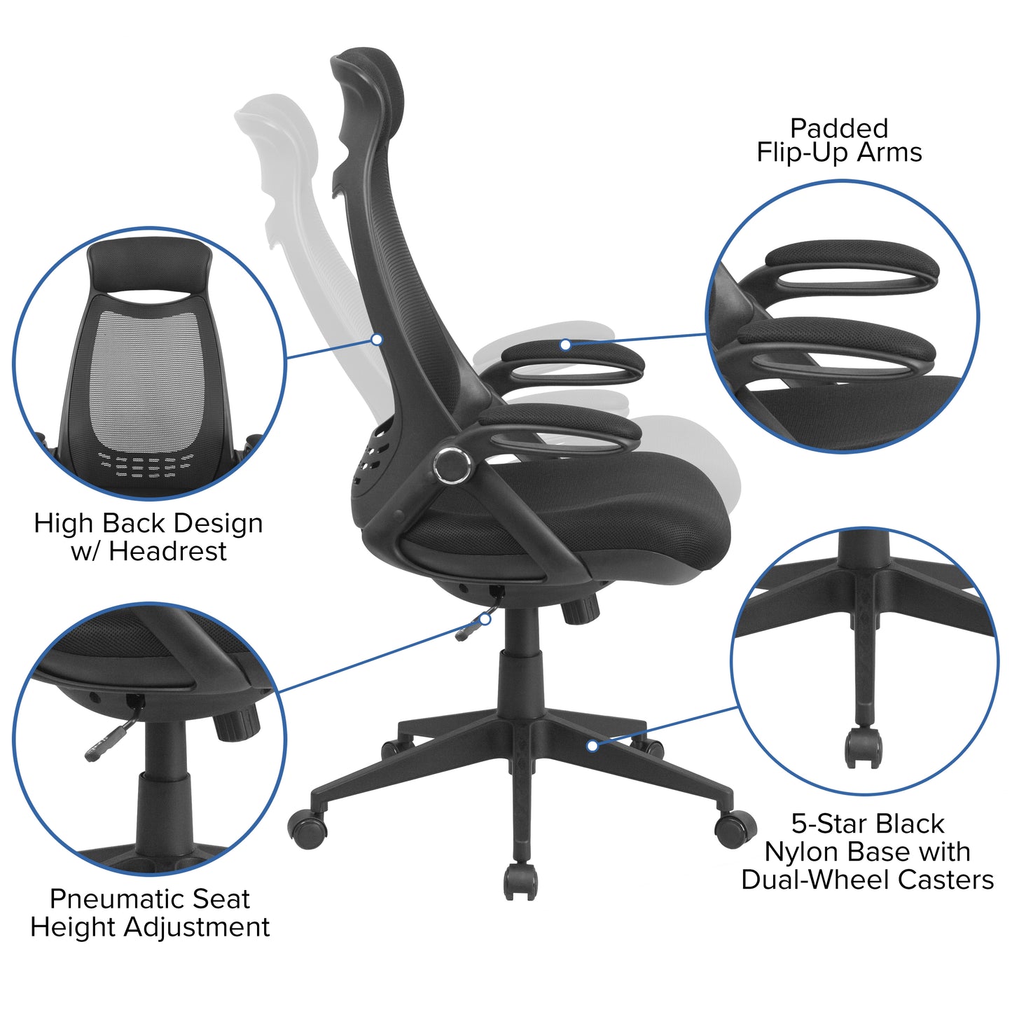 Ivan High Back Black Mesh Executive Swivel Office Chair with Flip-Up Arms Black Mesh