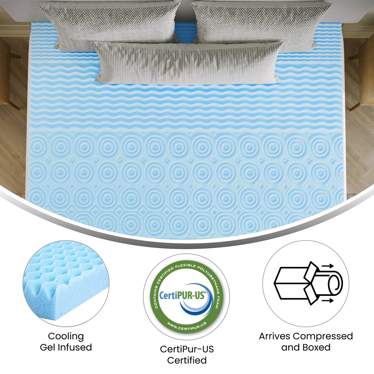 Capri Comfortable Sleep 2 Inch Cooling Gel Infused 5-Zone King Memory Foam Mattress Topper with CertiPUR-US Certified Foam Green