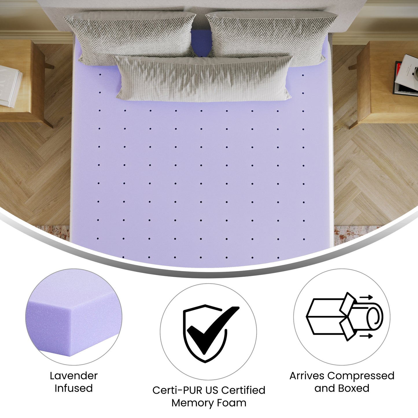 Capri Comfortable Sleep 3 Inch Lavender Infused Full Memory Foam Mattress Topper with Ventilated Design and CertiPUR-US Certified Foam Purple