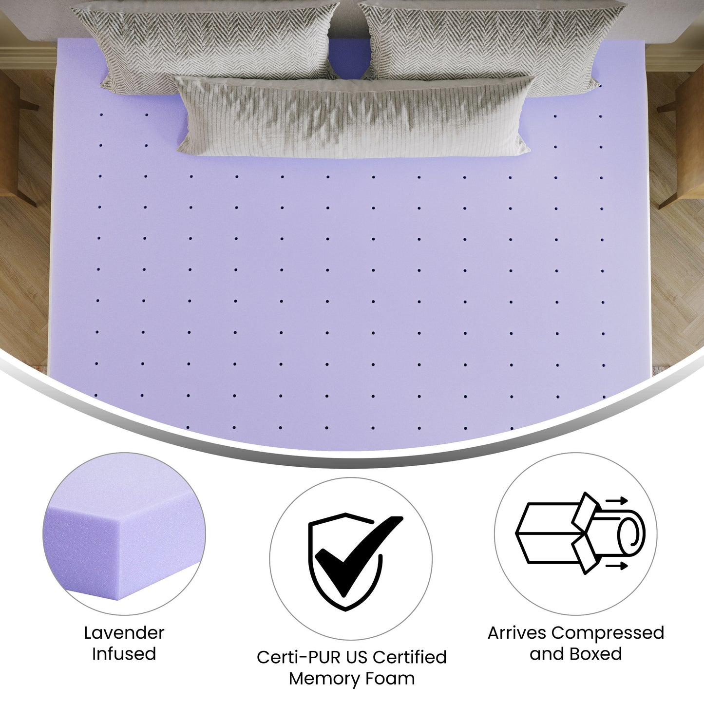 Capri Comfortable Sleep 3 Inch Lavender Infused King Memory Foam Mattress Topper with Ventilated Design and CertiPUR-US Certified Foam Purple