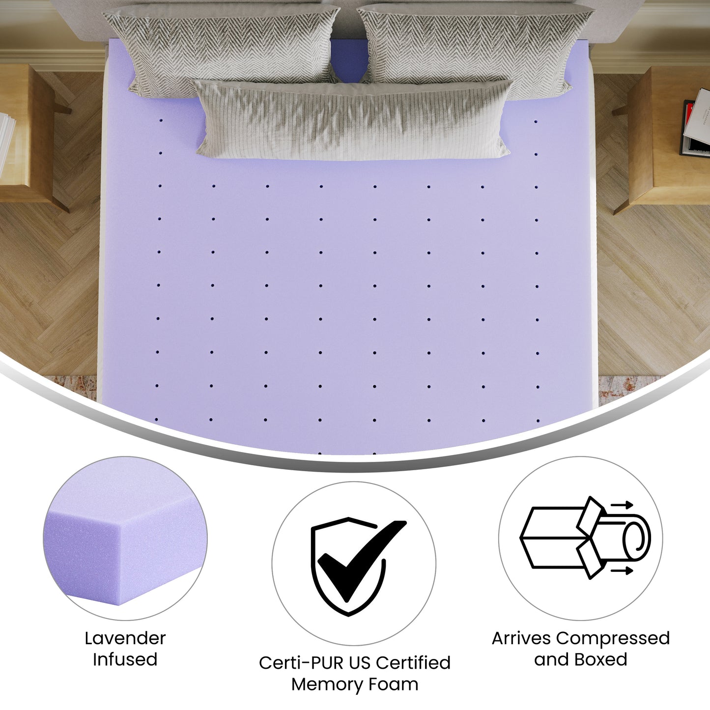 Capri Comfortable Sleep 3 Inch Lavender Infused Queen Memory Foam Mattress Topper with Ventilated Design and CertiPUR-US Certified Foam Purple