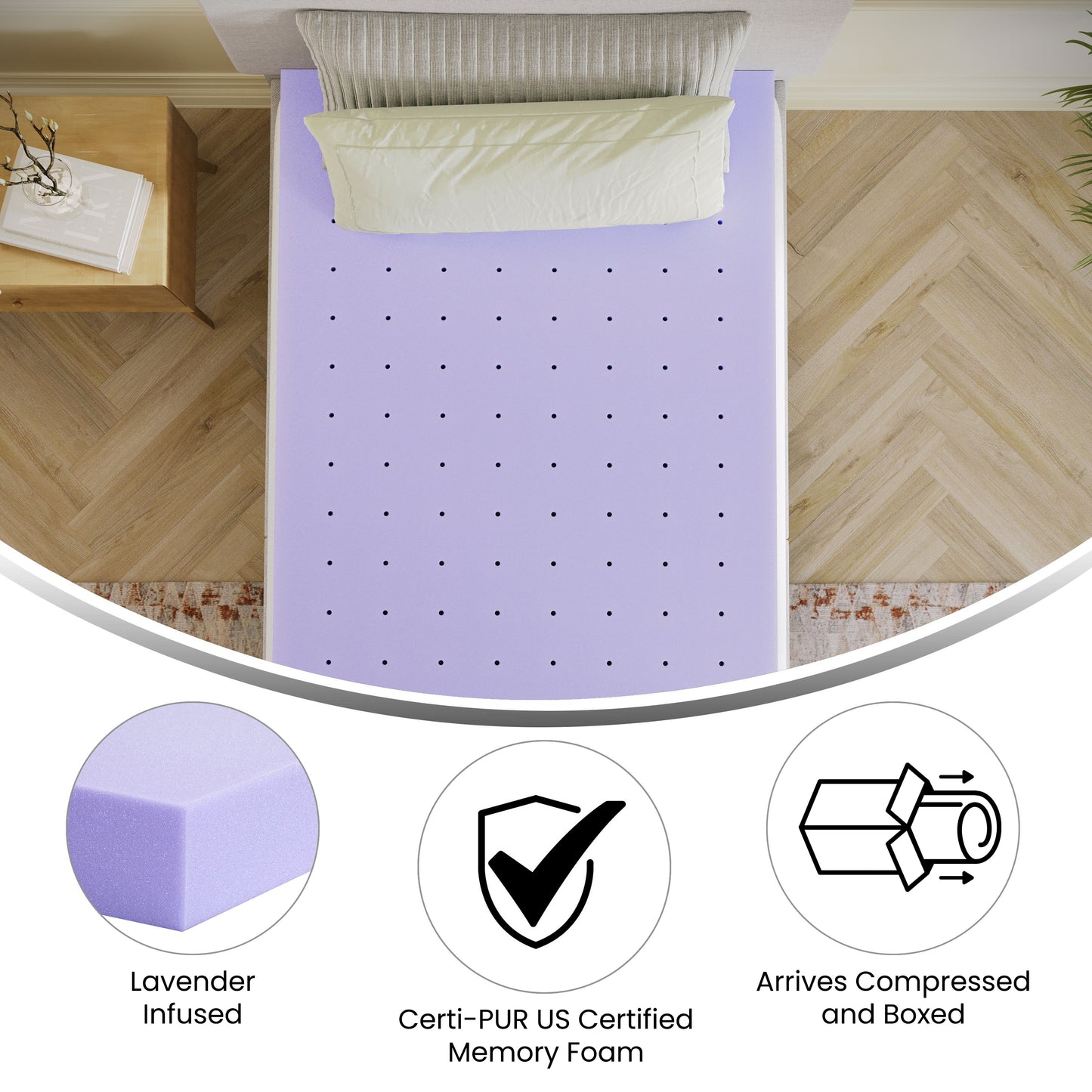 Capri Comfortable Sleep 3 Inch Lavender Infused Twin Memory Foam Mattress Topper with Ventilated Design and CertiPUR-US Certified Foam Purple